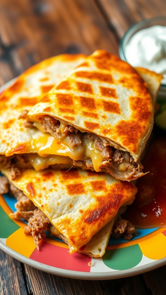 Golden crispy pork quesadilla filled with cheese and served with salsa and sour cream on a plate.